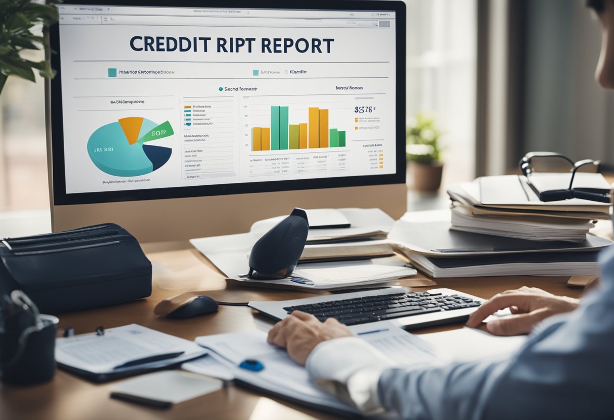 A person studying a credit report with a low credit score, surrounded by financial documents and a computer