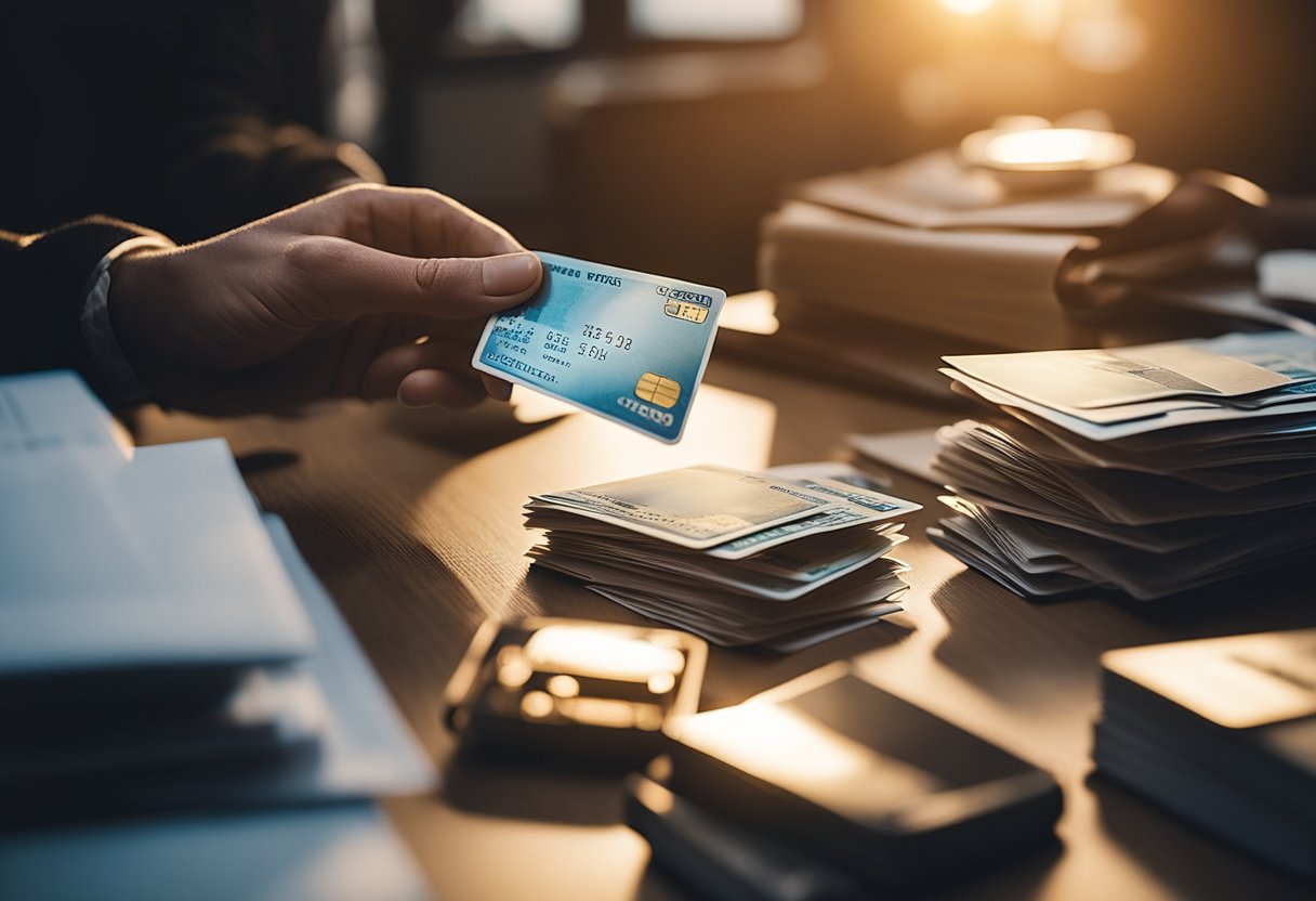 A hand holding a broken credit card while looking at a tangled mess of financial documents and a glowing light representing the process of navigating credit repair