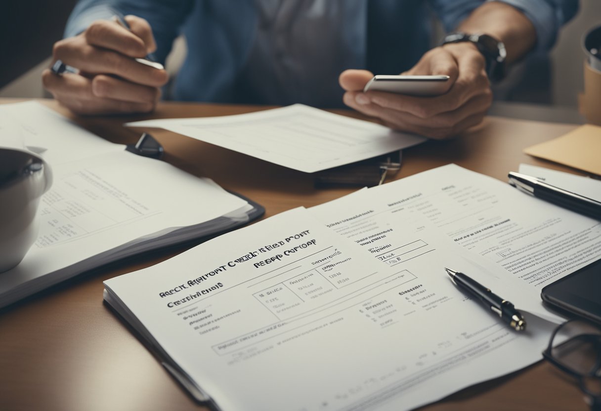 A person reviewing their credit report, circling negative items, and brainstorming ways to improve their credit score