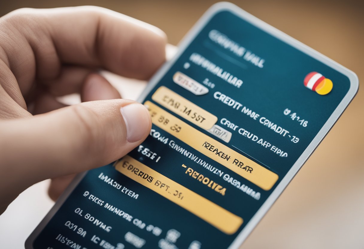 A person holding a broken credit card while looking at a list of credit repair companies with varying ratings and reviews