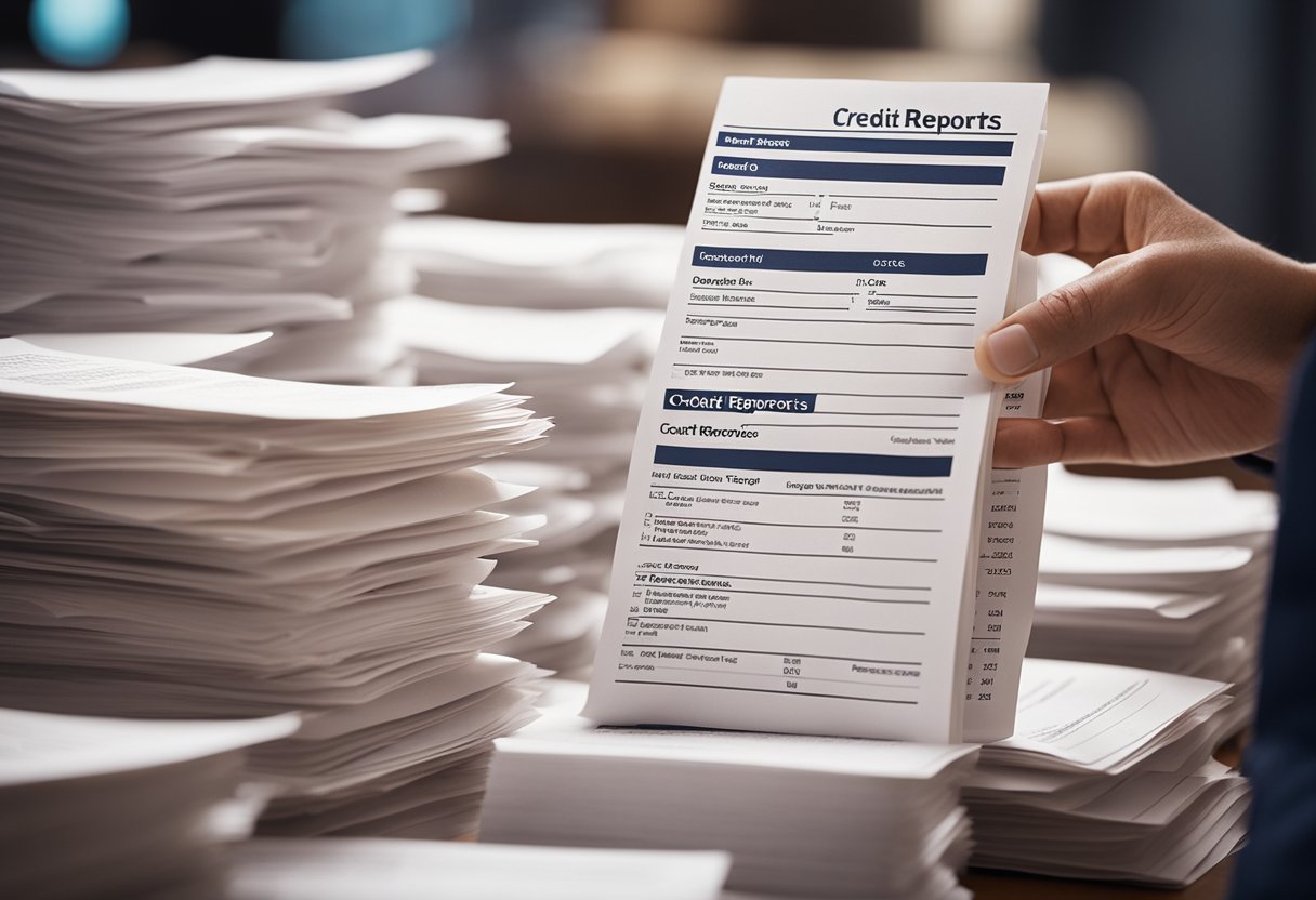 A person reviewing a stack of papers labeled "Credit Reports" with a determined expression