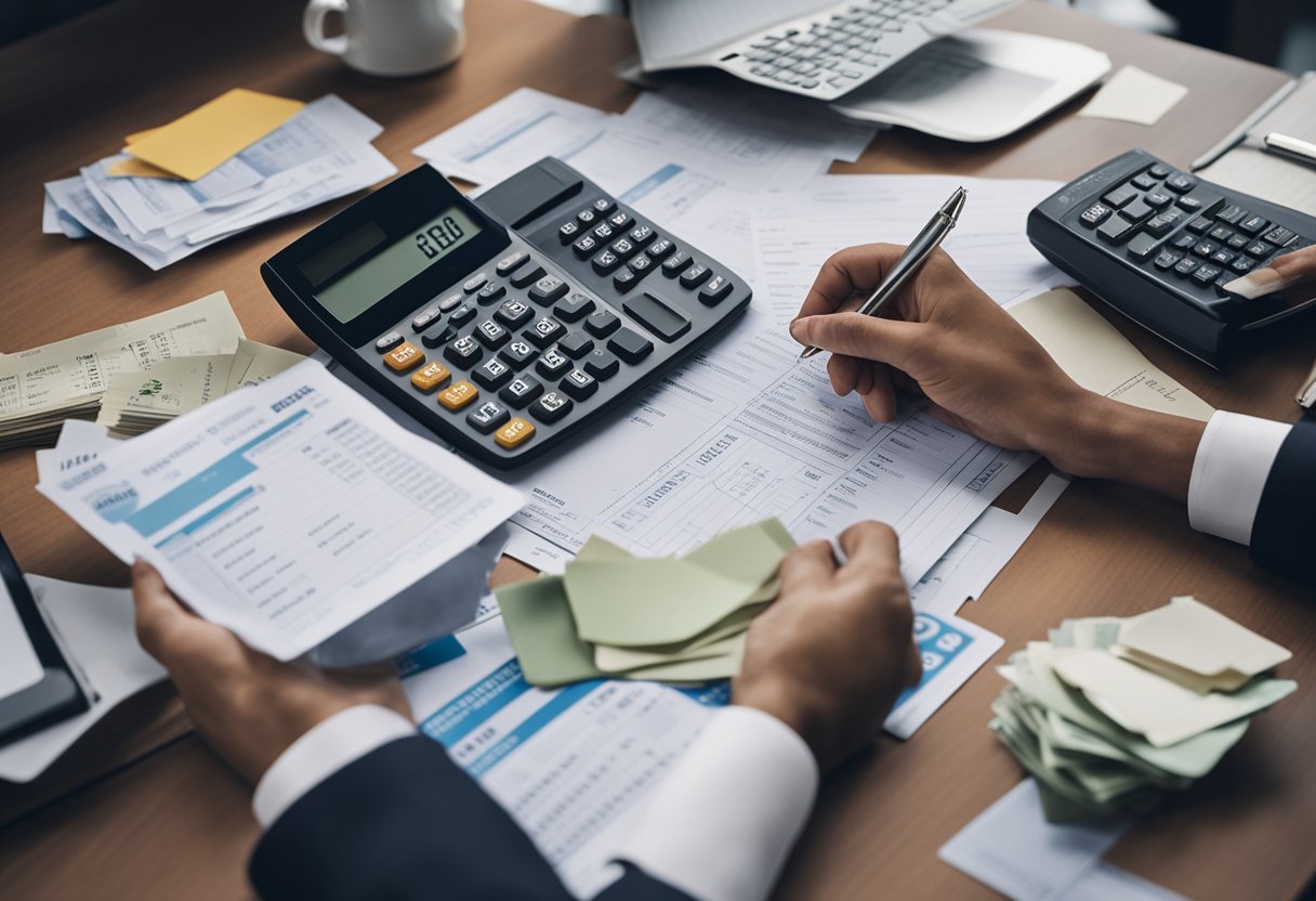 A person reviewing their credit report, surrounded by torn-up credit card bills and a pile of financial documents, while using a calculator to crunch numbers