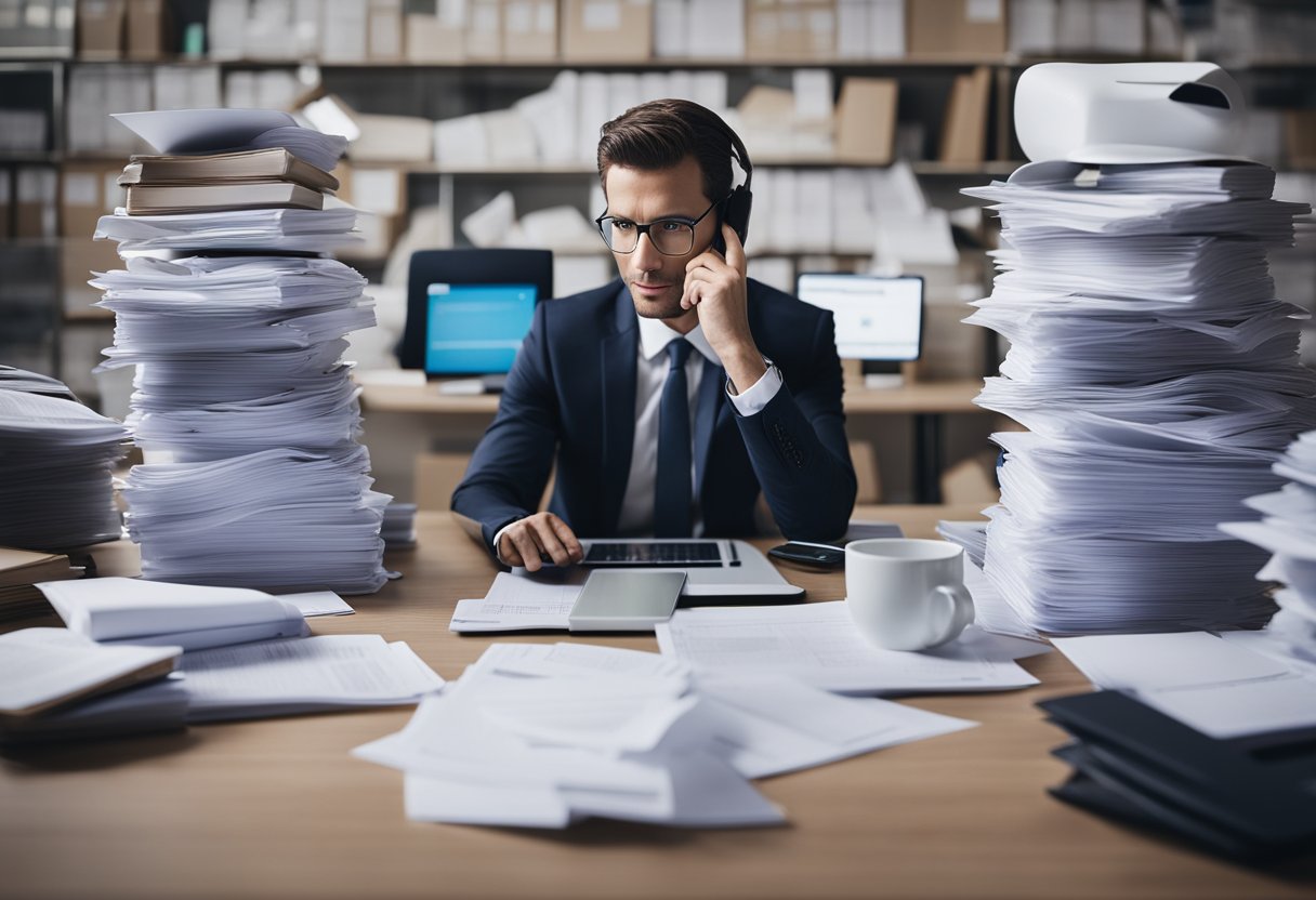 A person sitting at a desk, surrounded by piles of paperwork and a computer, with a phone to their ear, talking to a credit repair service representative