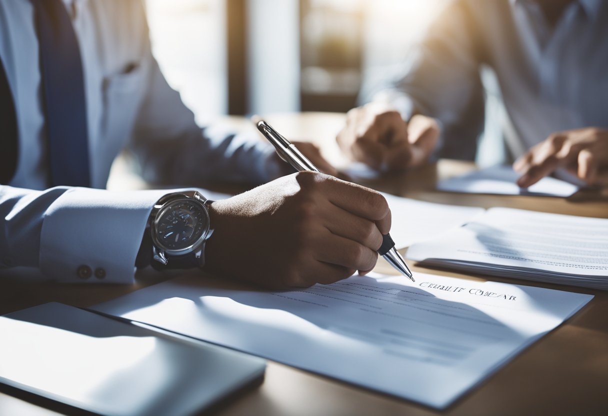 A person signing a contract with a credit repair company, surrounded by legal documents and ethical guidelines