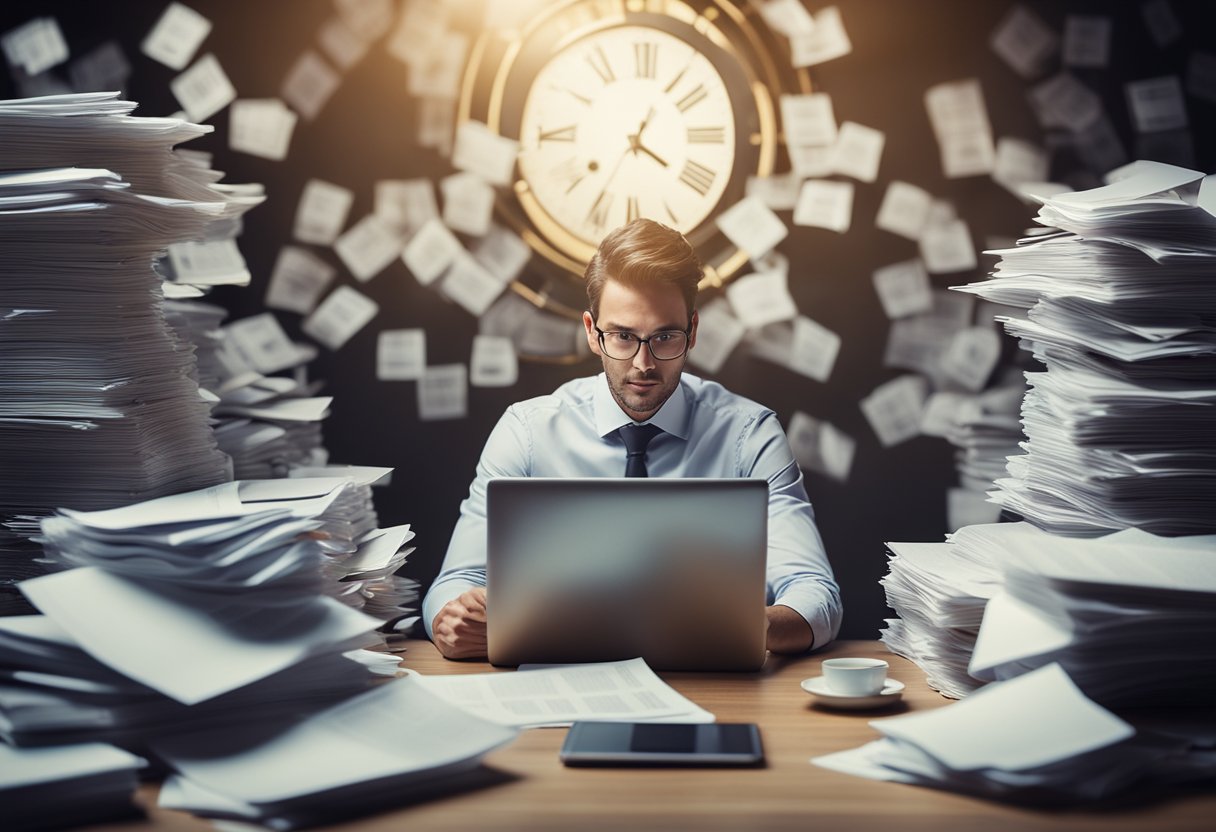 A person at a computer, surrounded by stacks of paperwork and credit reports. A clock on the wall shows the passing of time