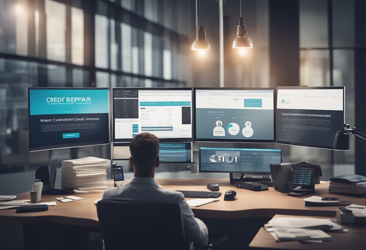 A person sitting at a desk, surrounded by paperwork and a computer, while a credit repair company logo is displayed on the screen