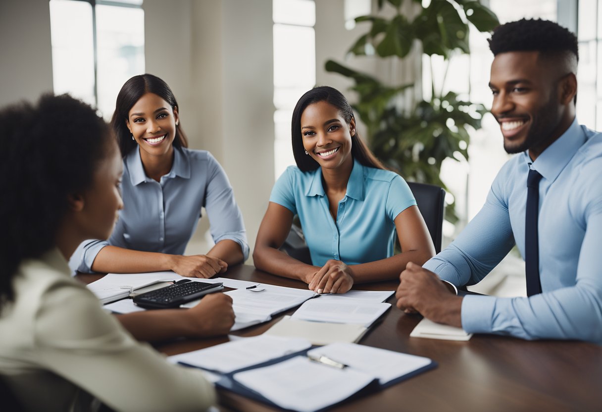 A credit repair firm's office with staff assisting clients, reviewing credit reports, negotiating with creditors, and providing financial counseling