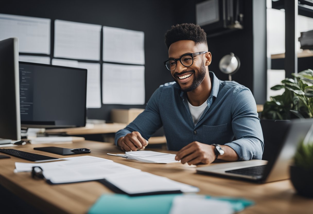 A person sits at a desk, surrounded by paperwork and a computer. They are smiling and looking satisfied as they review credit repair success stories from various companies