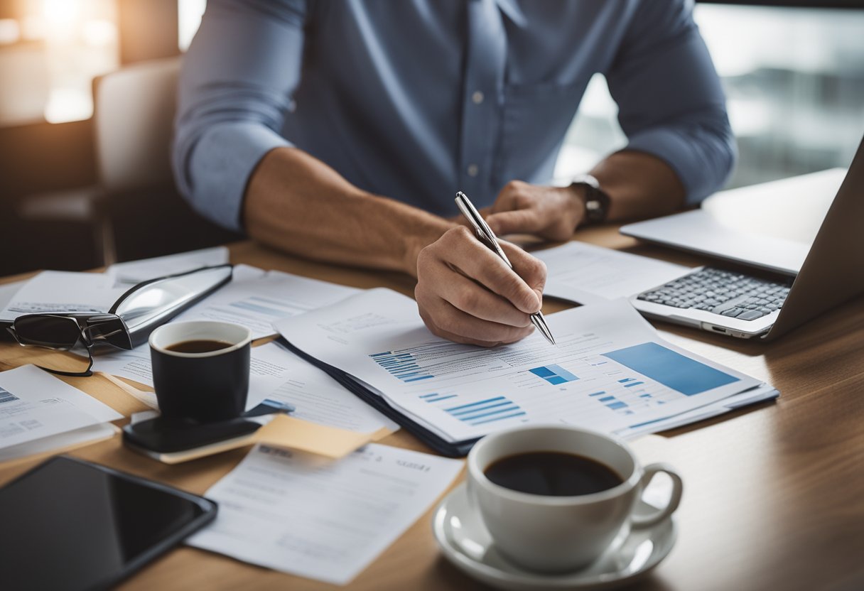 A person reviewing financial documents, making phone calls, and researching credit repair strategies