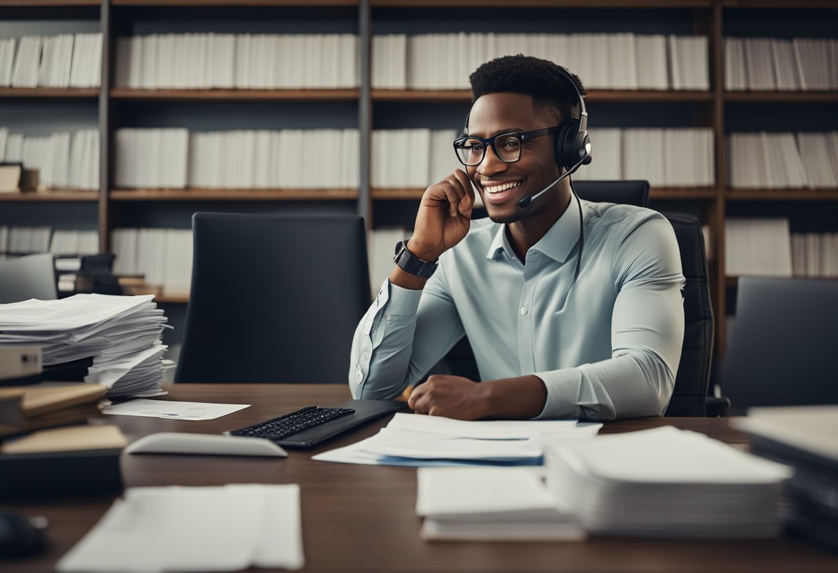 A customer service representative at a desk, surrounded by a stack of papers and a computer, fielding questions from clients about credit repair companies