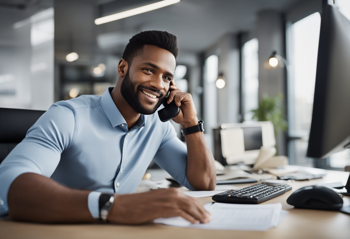 A credit repair agent sitting at a desk, speaking on the phone with a client. A computer and paperwork are scattered on the desk. The agent has a focused expression