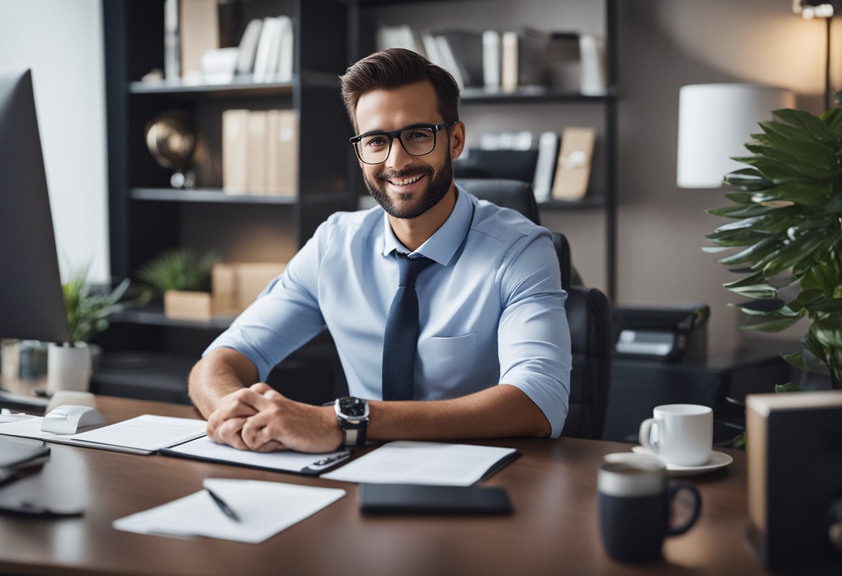 A credit repair agent confidently assists a client, surrounded by trustworthy and professional office decor