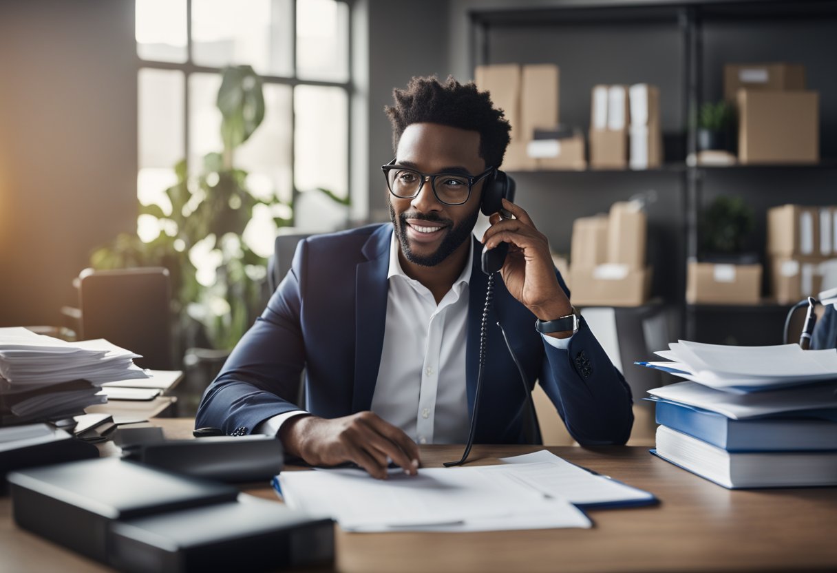 A credit repair agent sits at a desk, surrounded by folders and a computer. They are speaking on the phone with a customer, while a stack of papers and a pen sit in front of them