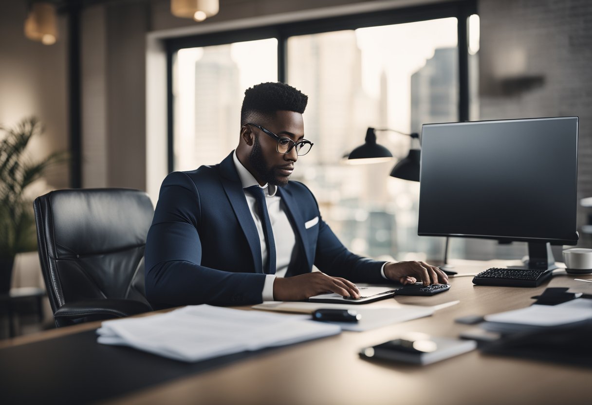 A person sitting at a desk with a computer, phone, and paperwork. They are focused and determined, ready to start their credit repair business