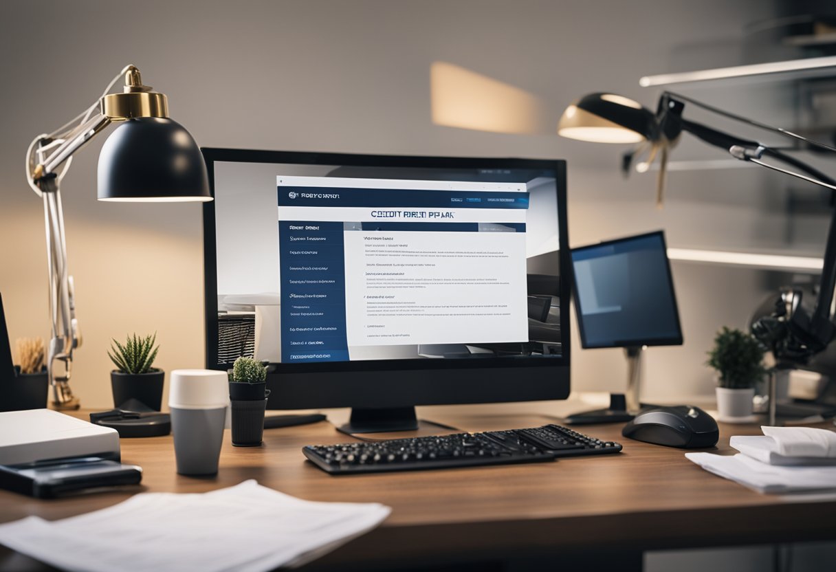 A person setting up a desk with a computer, phone, and paperwork. A sign with "Credit Repair Business" is being hung on the wall