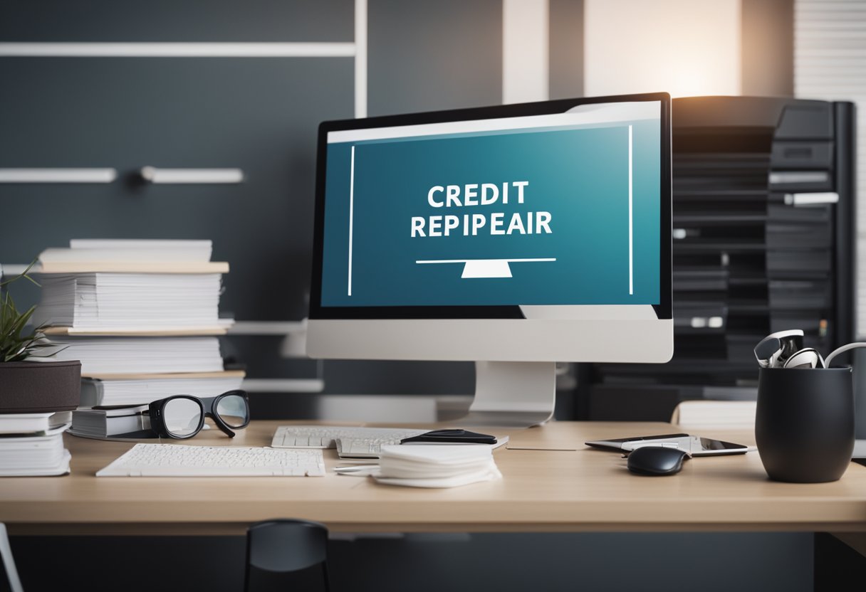 A desk with a computer, phone, and paperwork. A sign with "Credit Repair" hangs on the wall