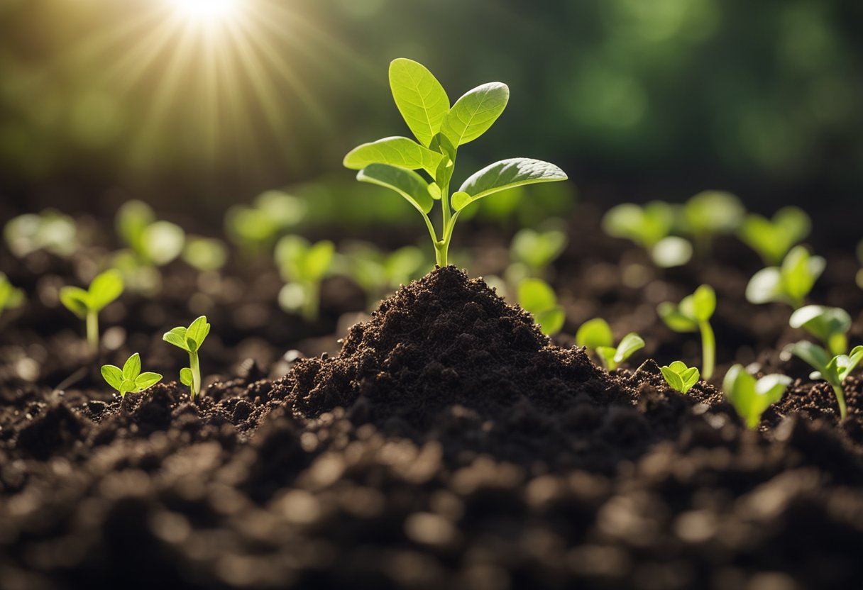 A small seedling sprouts from the ground, surrounded by other budding plants. In the background, a towering tree stands as a symbol of growth and success