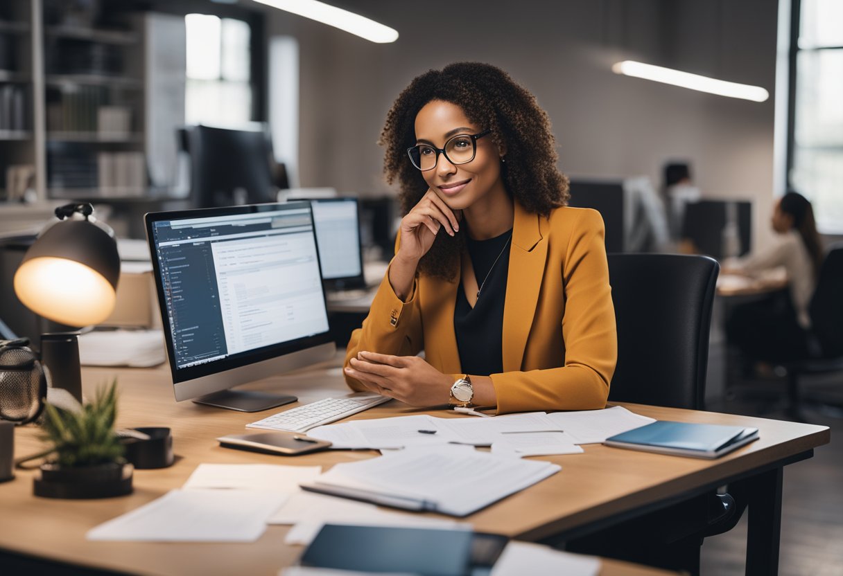 A person at a desk, surrounded by paperwork and a computer, fielding inquiries from potential clients about starting a credit repair business