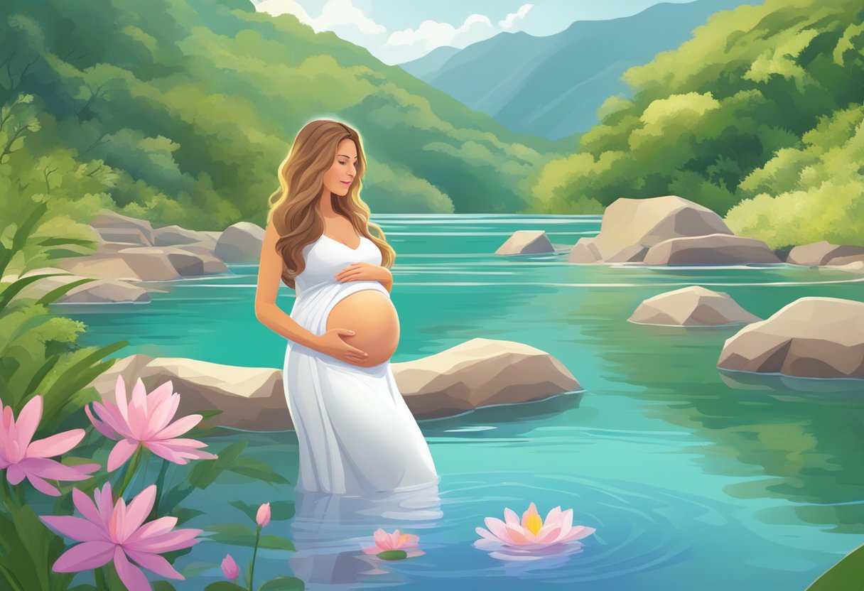 A serene pregnant woman enjoys warm thermal waters surrounded by lush natural scenery