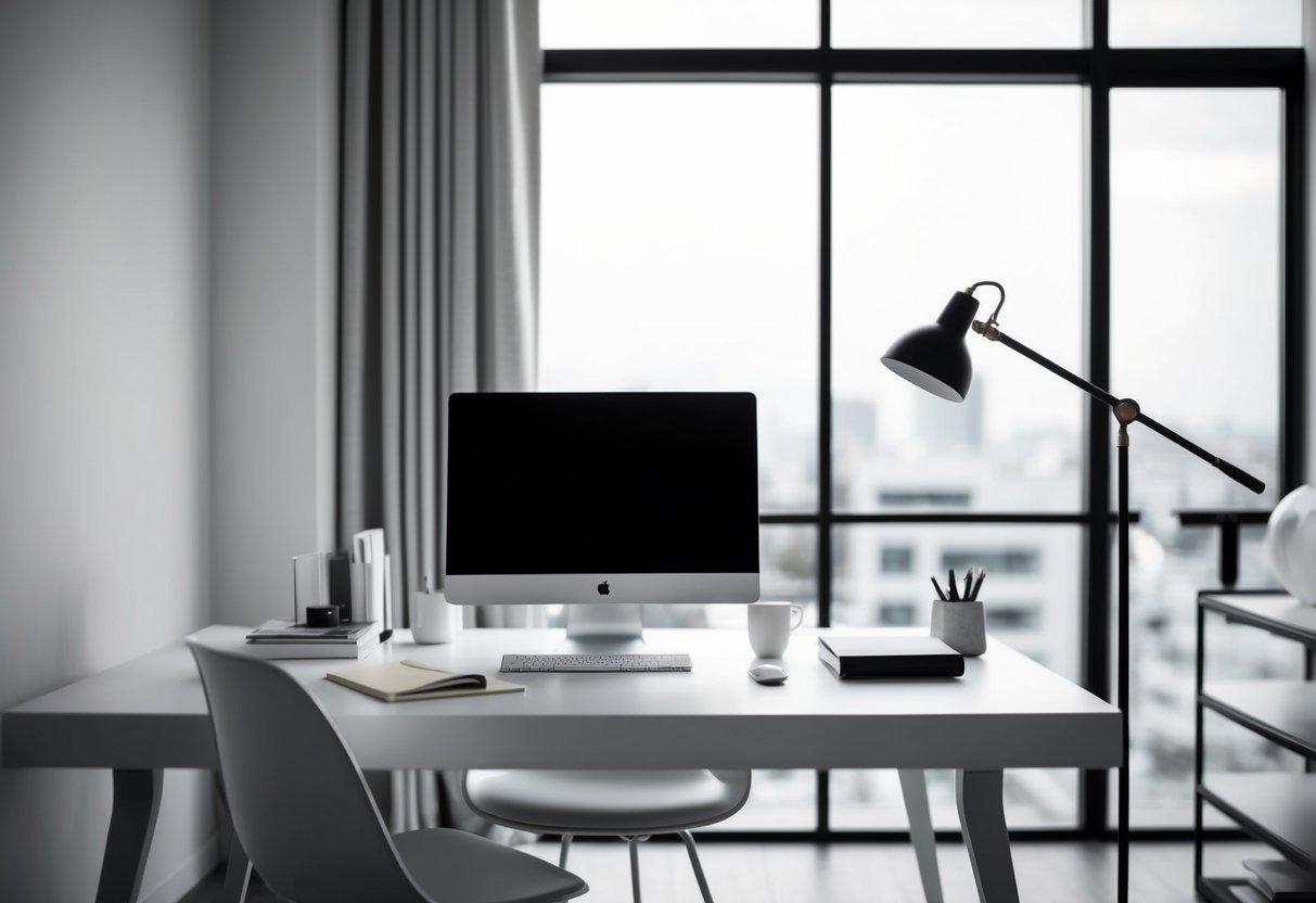 A simple, modern desk with clean lines and a few carefully chosen accessories. The desk is uncluttered and organized, with a sleek, minimalist design