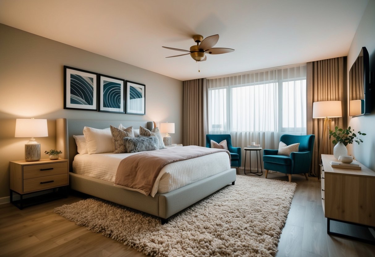 A cozy bedroom with a shaggy rug, soft lighting, and modern decor