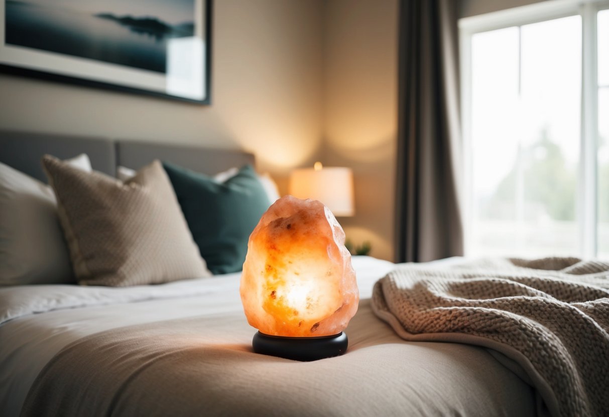 A cozy bedroom with a Himalayan salt lamp casting a warm, soothing glow. Soft blankets and pillows create a relaxing atmosphere