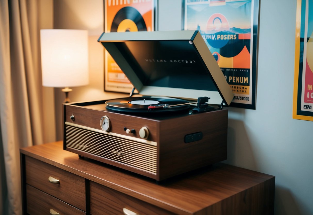 A vintage record player sits on a wooden dresser in a cozy bedroom, surrounded by retro posters and soft lighting