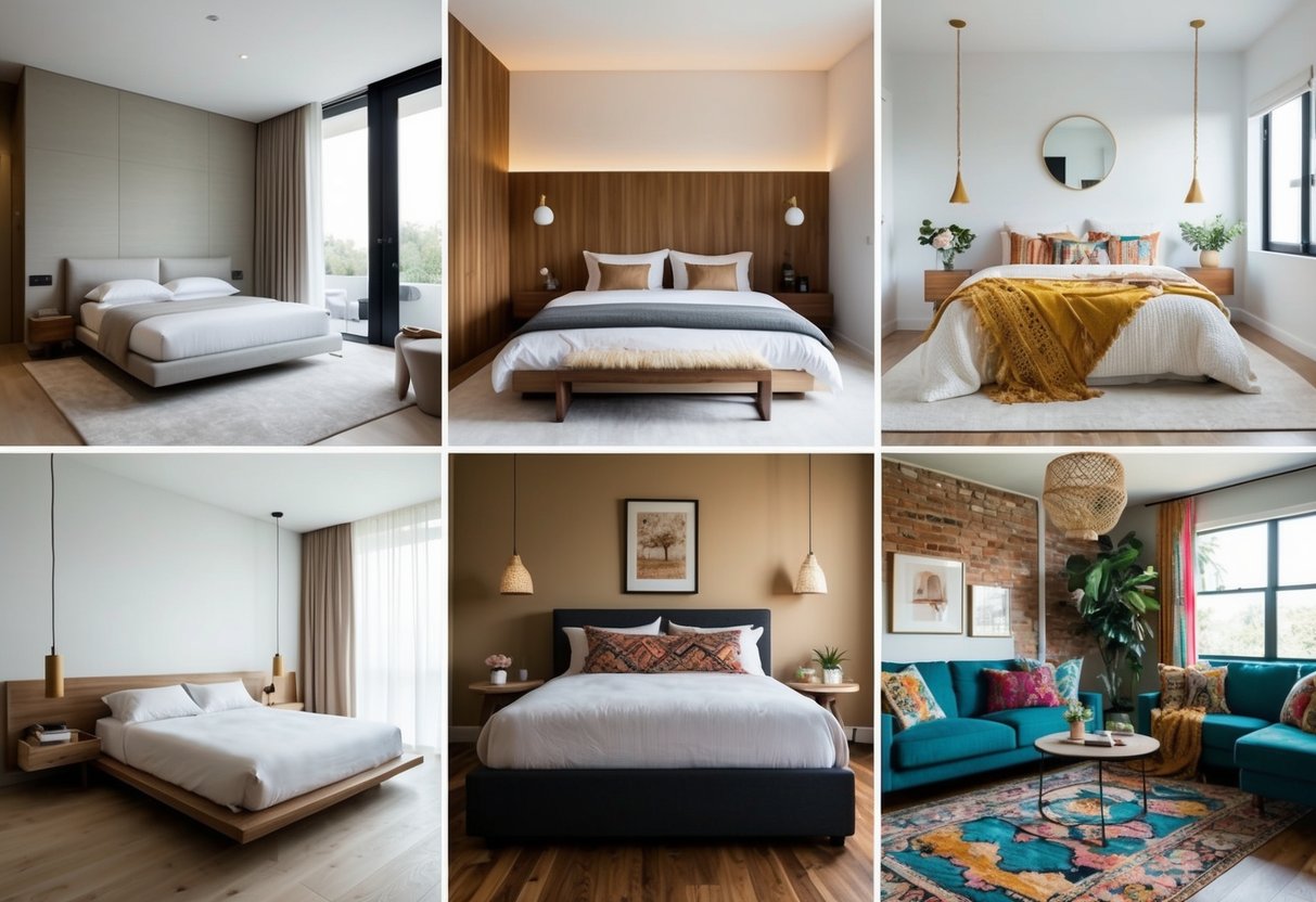 1. Modern minimalist bedroom with neutral colors and sleek furniture.2. Cozy rustic bedroom with wooden accents and warm lighting.3. Bohemian chic bedroom with eclectic decor and vibrant textiles