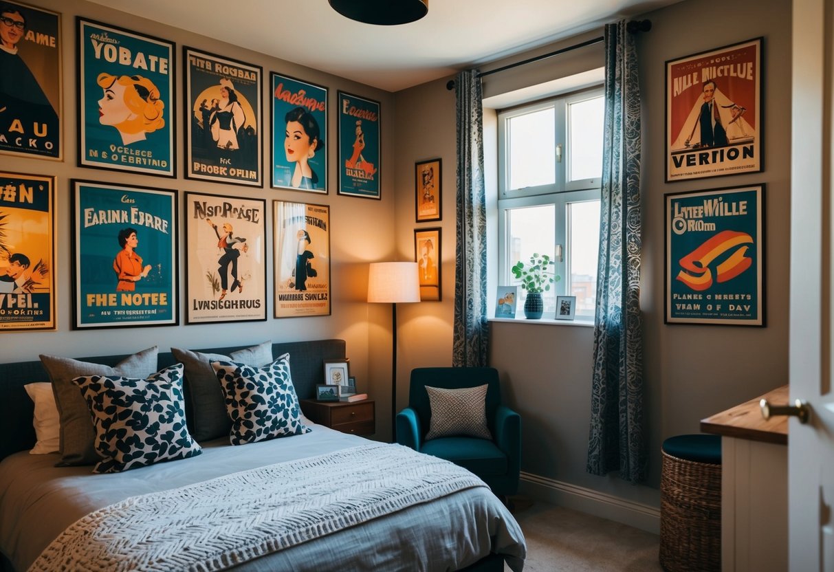 A cozy bedroom with a collection of vintage posters adorning the walls, creating a retro and stylish atmosphere. A mix of colors and designs adds visual interest to the space