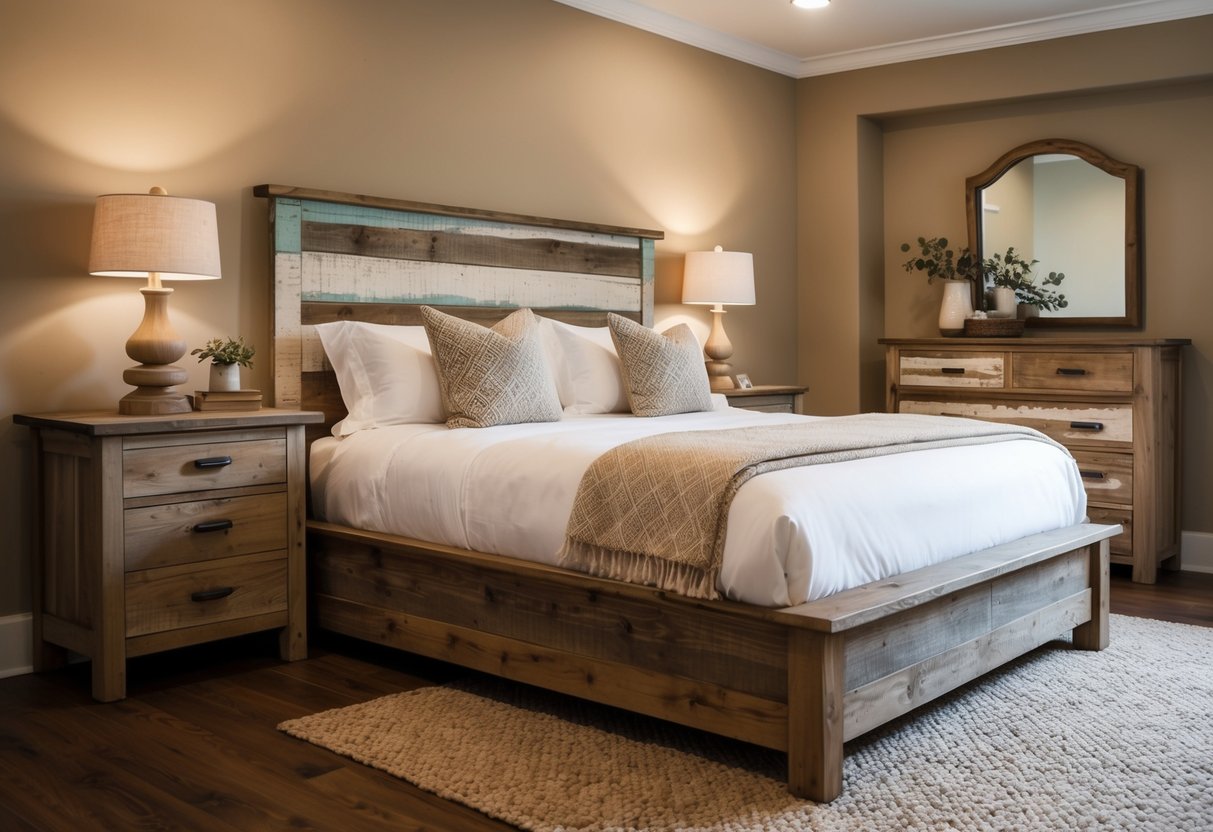 A cozy bedroom with rustic wood accents, including a weathered headboard, wooden bedside tables, and a distressed wood dresser. A warm color palette and soft textiles complete the inviting atmosphere