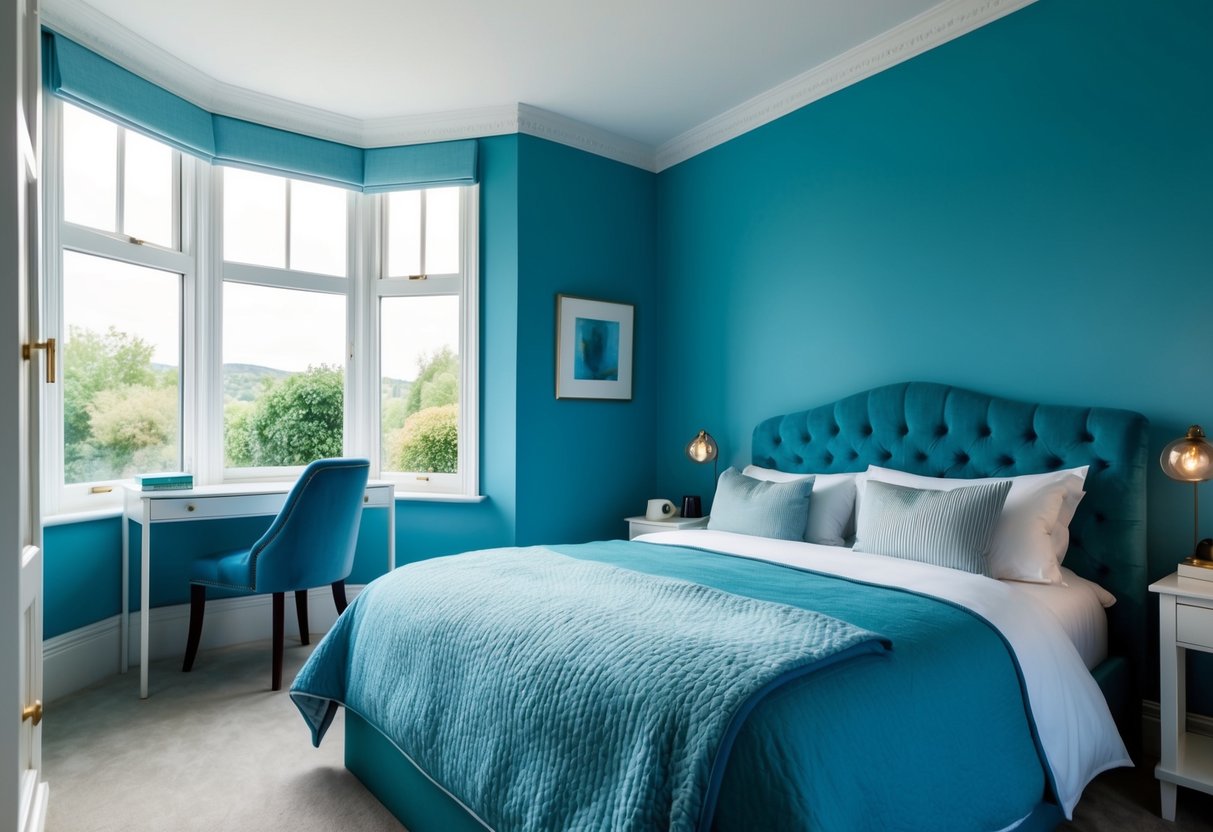 A cozy blue bedroom with a plush bed, soft blue walls, and white accents. A large window lets in natural light, and a small desk sits in the corner