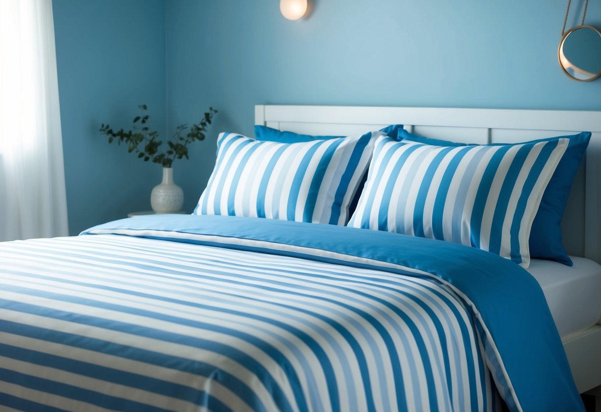 A cozy blue and white striped bedding set on a neatly made bed in a serene blue bedroom with soft lighting and minimalist decor