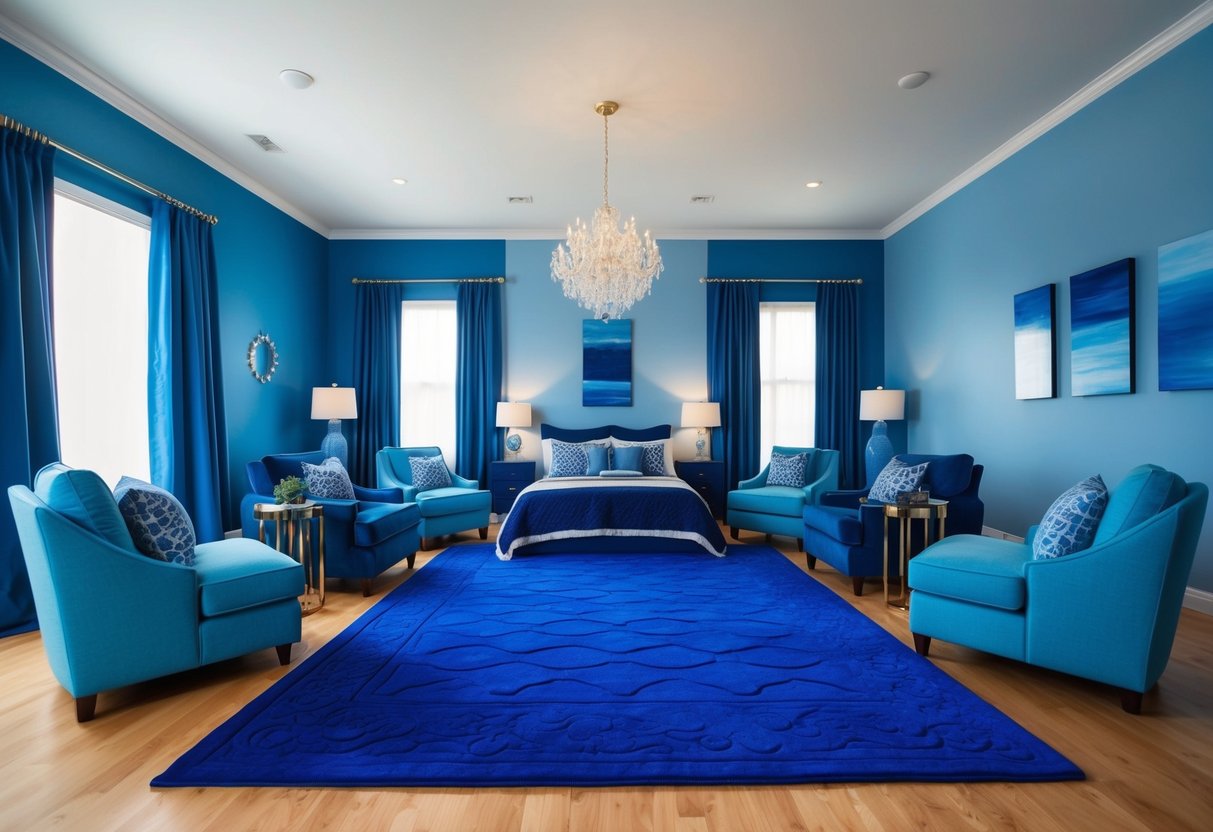 A royal blue area rug sits in the center of a spacious bedroom, surrounded by ten different shades of blue decor and furniture