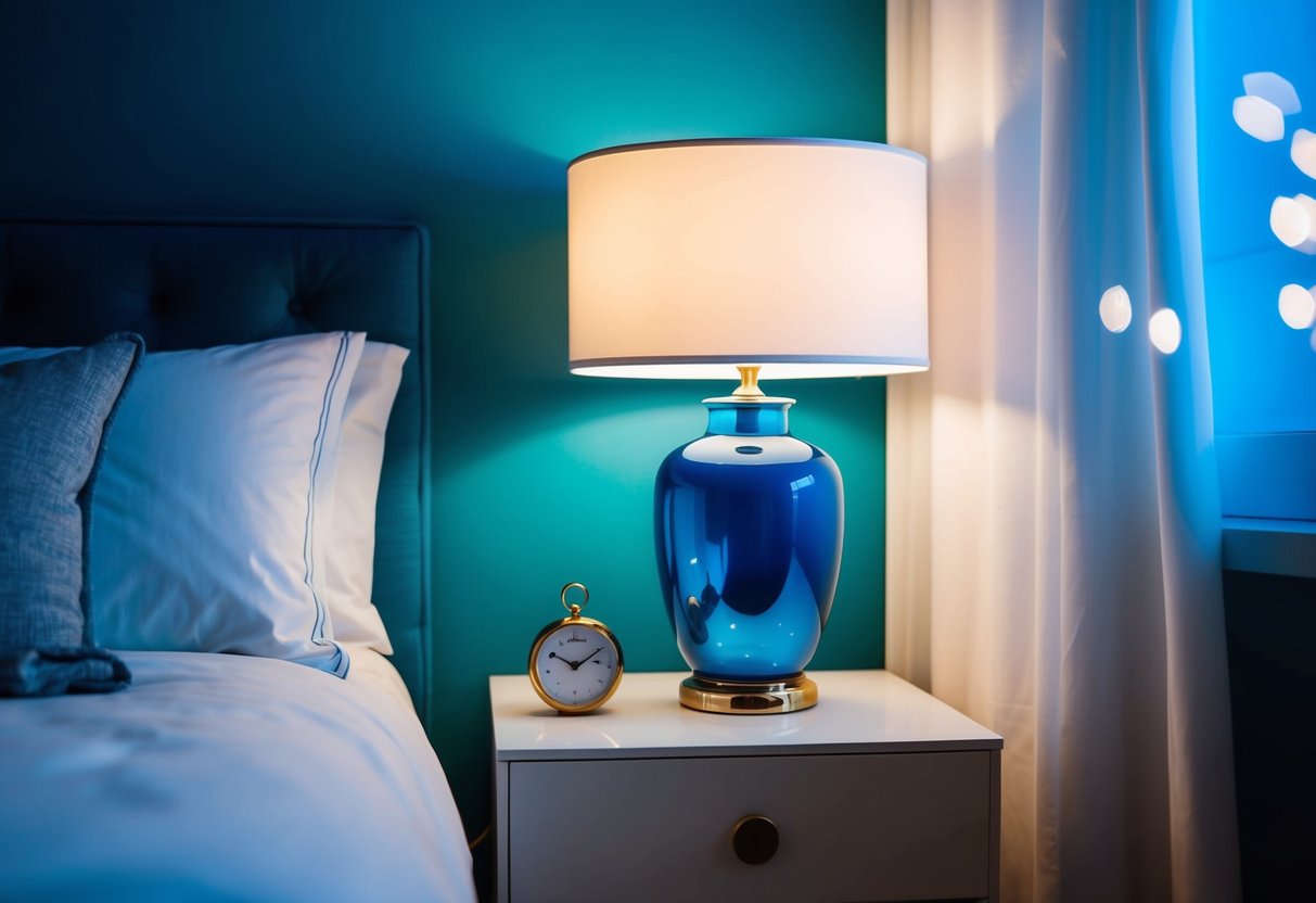 A sleek azure nightstand lamp illuminates a cozy blue bedroom, casting a soft glow over the tranquil space