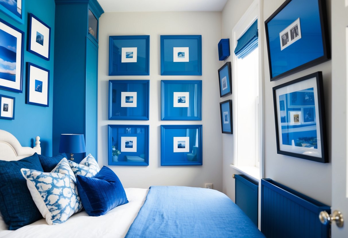 A cozy blue bedroom with cobalt blue picture frames on the walls. The room is decorated with various shades of blue, creating a serene and calming atmosphere