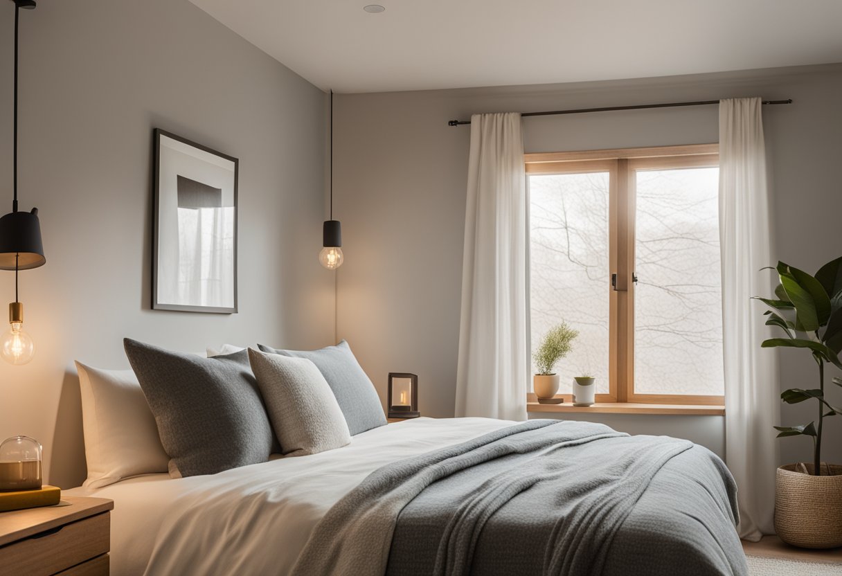 A peaceful bedroom with a cozy bed, soft pillows, and warm blankets. A small bedside table holds a glass of water and a book, with soft light filtering in through the window