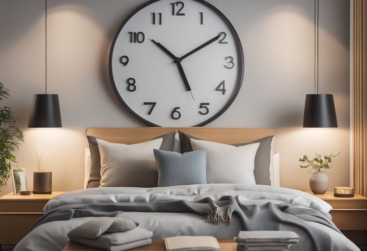 A peaceful bedroom with a cozy bed, soft pillows, and dim lighting. A clock on the nightstand shows the time as the room exudes a calm and restful atmosphere
