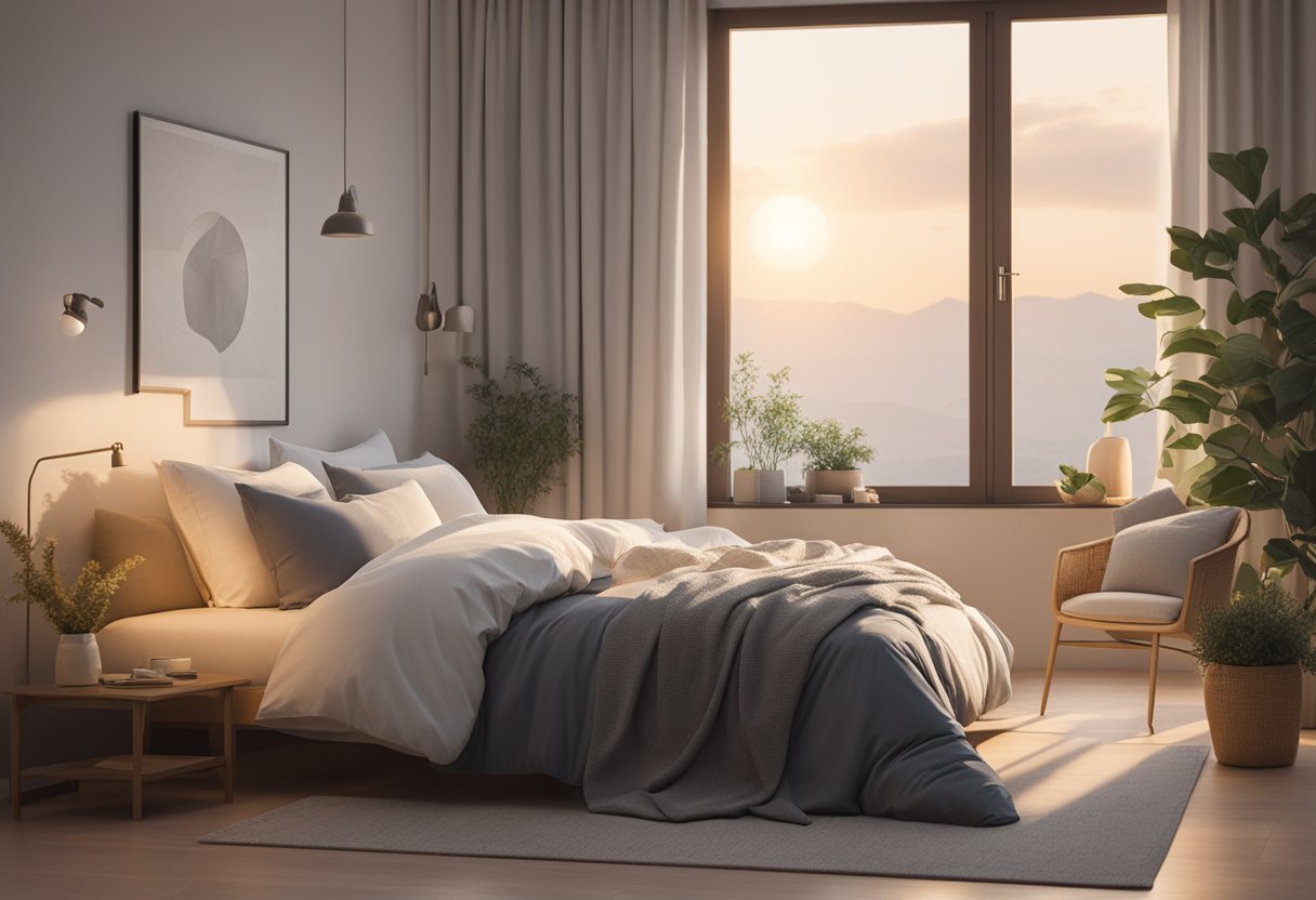 A peaceful bedroom with a warm, comforting atmosphere. A bed with soft pillows and a cozy blanket. Gentle moonlight filtering through the window