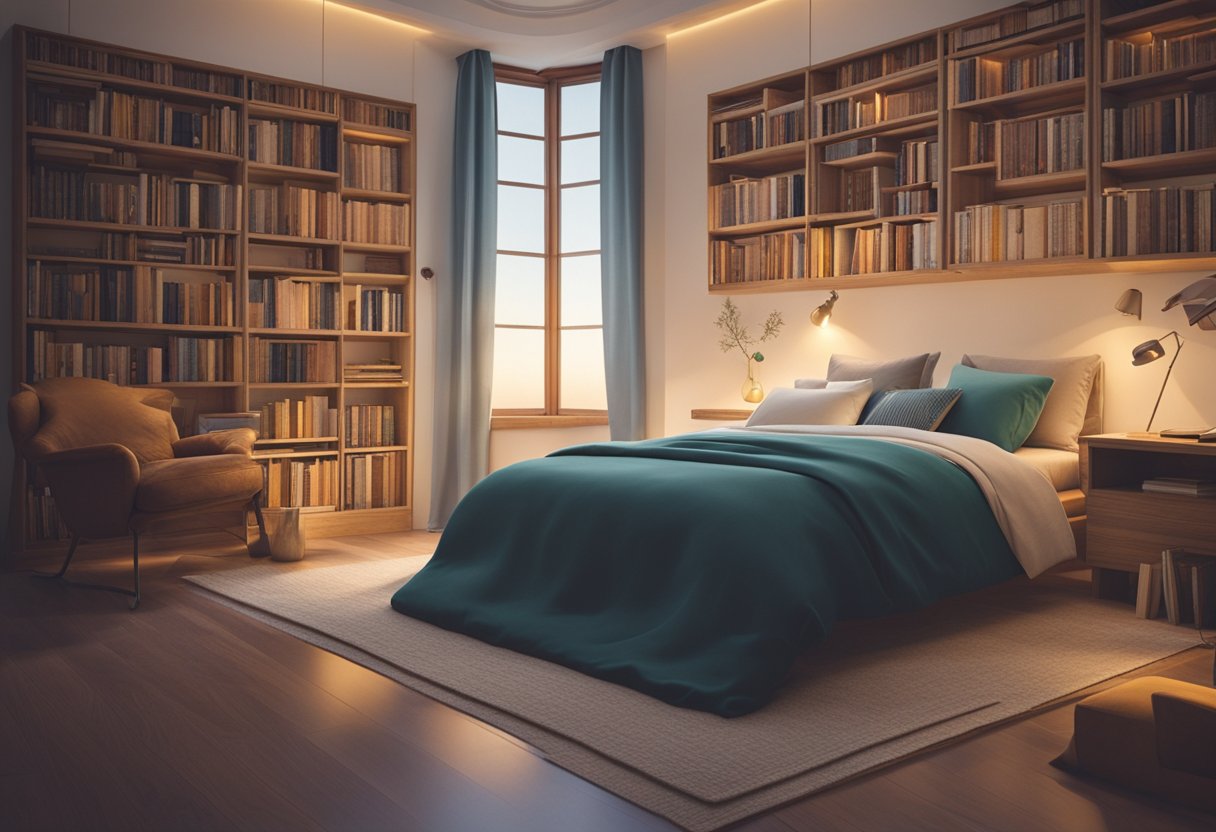 A peaceful bedroom with dim lighting, a cozy bed, and a bookshelf filled with relaxation-inducing literature