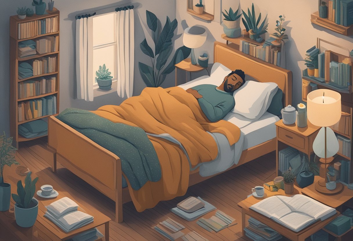 A man peacefully sleeping in a cozy bed, surrounded by self-care items like a journal, herbal tea, and a soothing candle