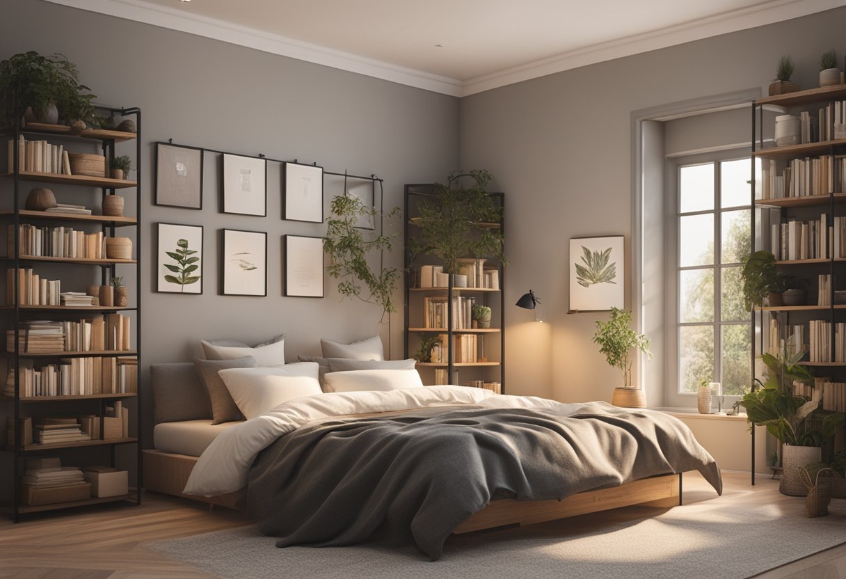 A peaceful bedroom with dim lighting, a cozy bed, and a serene atmosphere. A bookshelf filled with self-help books and calming decor