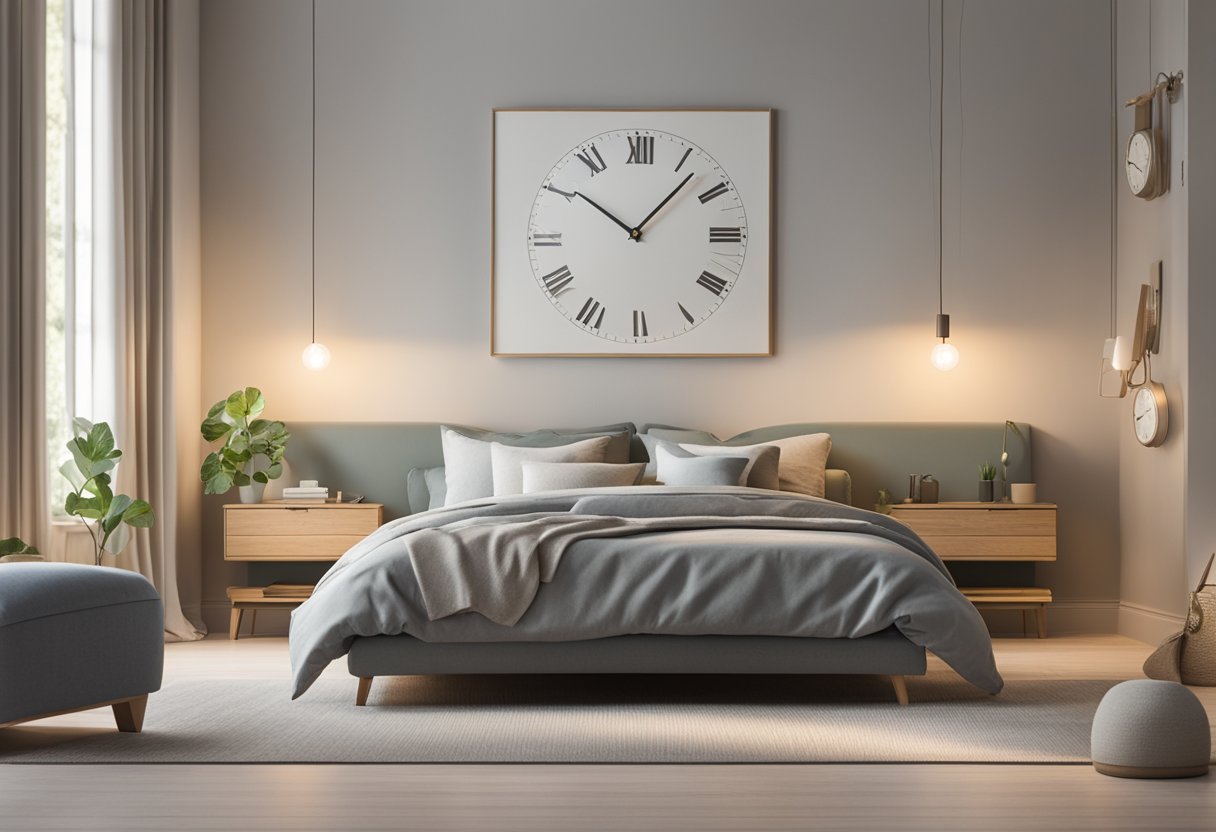 A peaceful bedroom with a comfortable bed, soft lighting, and calming decor. A clock on the nightstand shows a reasonable bedtime hour