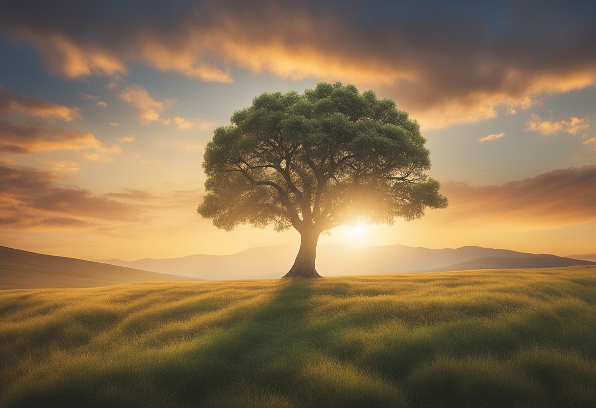 A serene nature scene with a lone tree standing tall against a sunset backdrop, symbolizing resilience and hope
