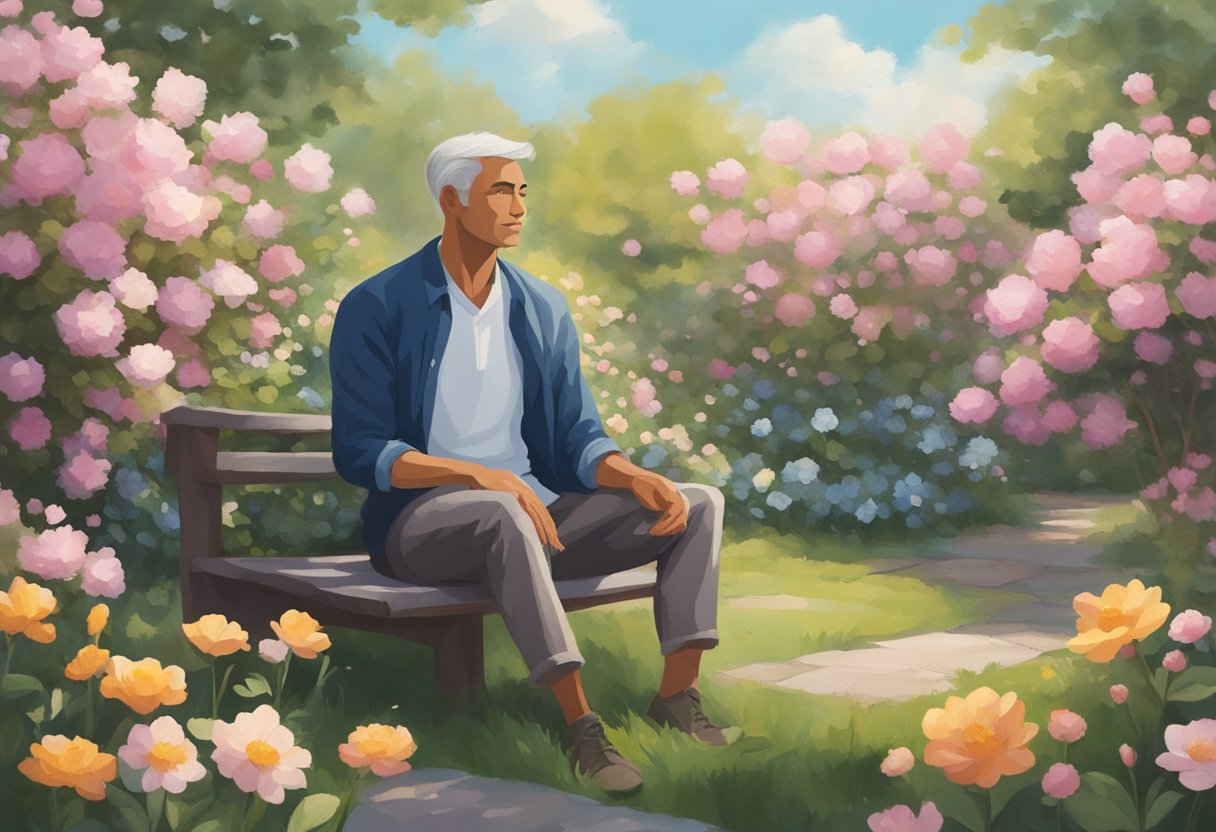 A man sits in a peaceful garden, surrounded by blooming flowers and a gentle breeze. He wears a serene expression, symbolizing his journey as a cancer survivor