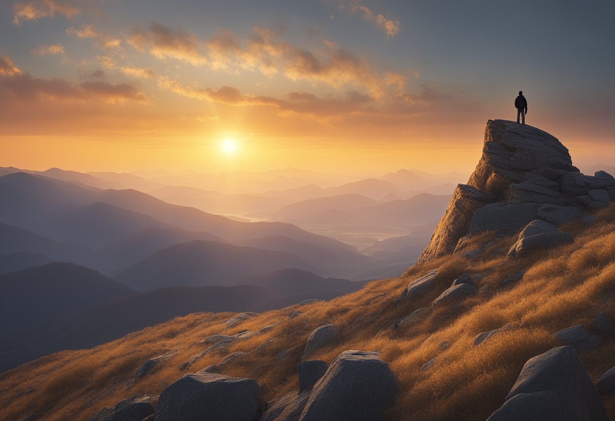 A lone figure stands atop a mountain peak, gazing out at a vast, rugged landscape. The sun sets behind him, casting a warm glow over the scene