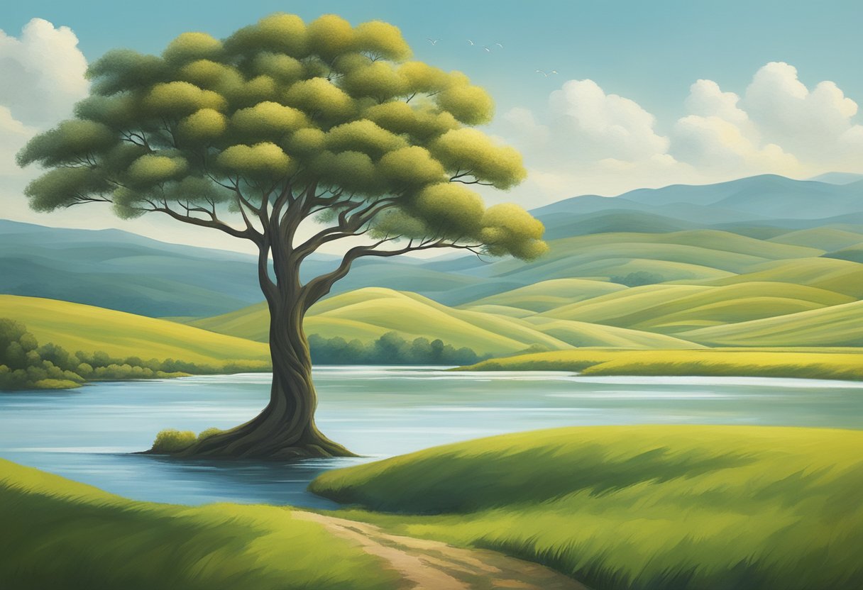 A serene, vast landscape with a lone tree standing strong amidst rolling hills and a peaceful, flowing river