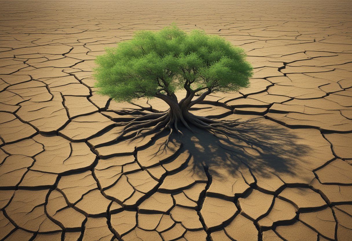 A lone tree stands tall in a barren landscape, its branches twisted and weathered. The ground is cracked and dry, but small green shoots are pushing through the earth, symbolizing growth and resilience