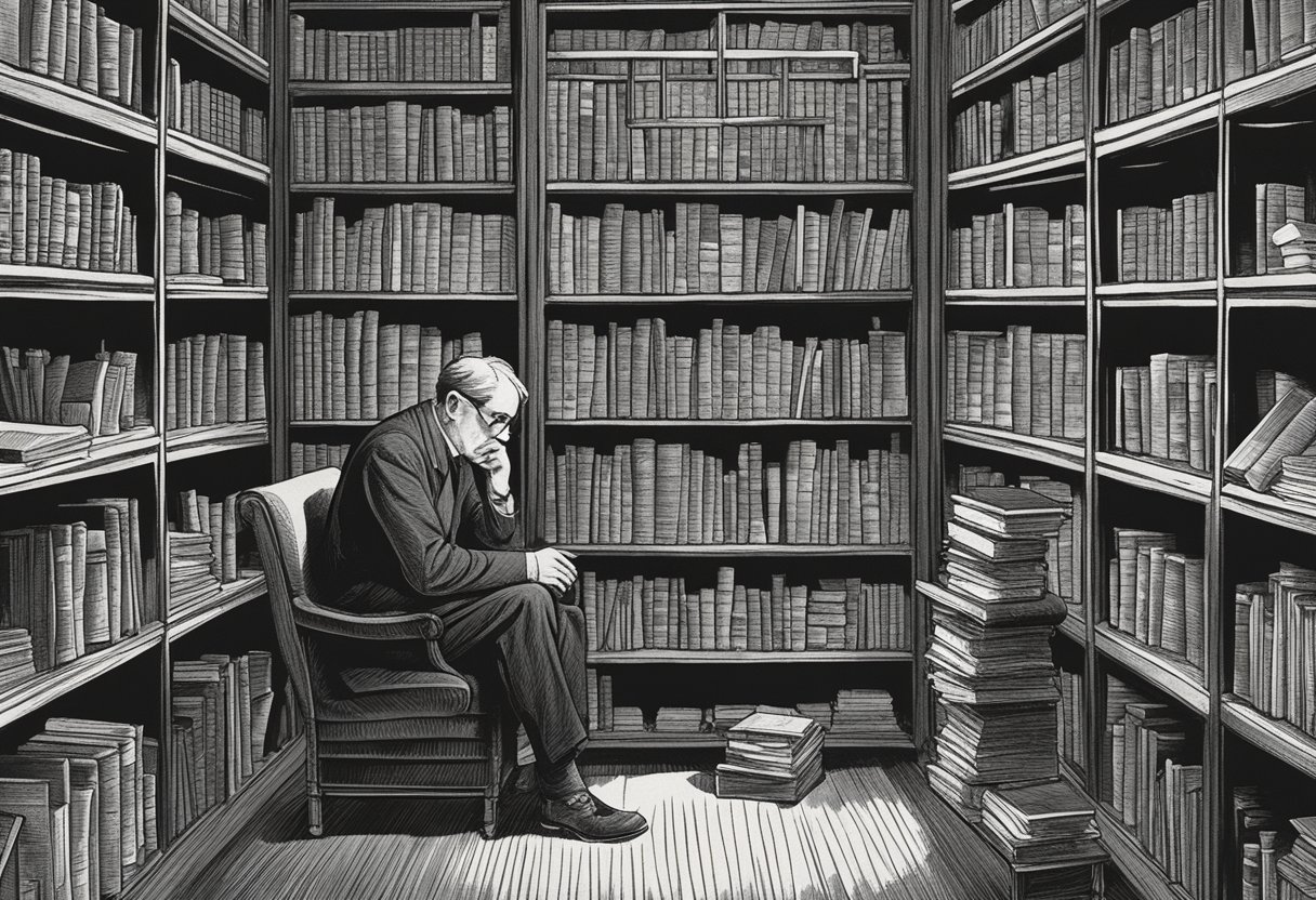 A man sits in a research library surrounded by medical books and journals. He is deep in thought, with a determined look on his face