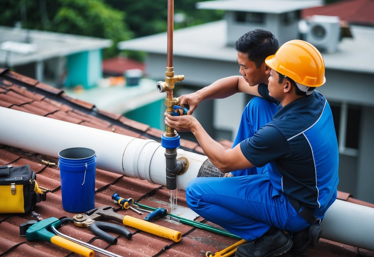 A plumber repairing a leaking pipe on a rooftop in Malaysia. Tools and equipment scattered around the area