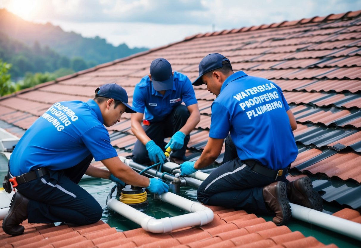 A team of engineers and technicians work on waterproofing and plumbing systems for a roofing water leak emergency service in Malaysia